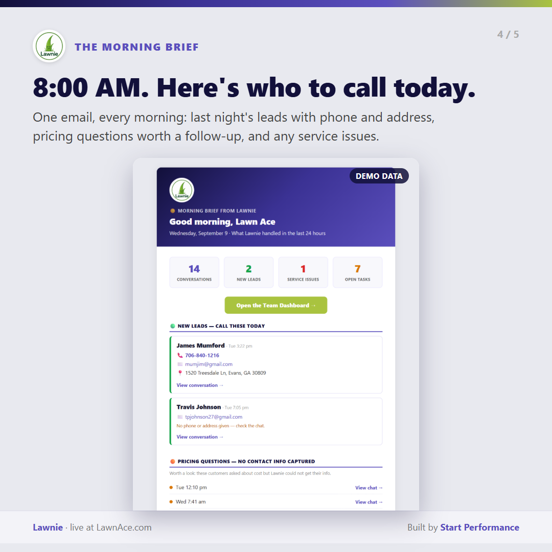 Custom daily email summarizing new leads, service issues, and open tasks