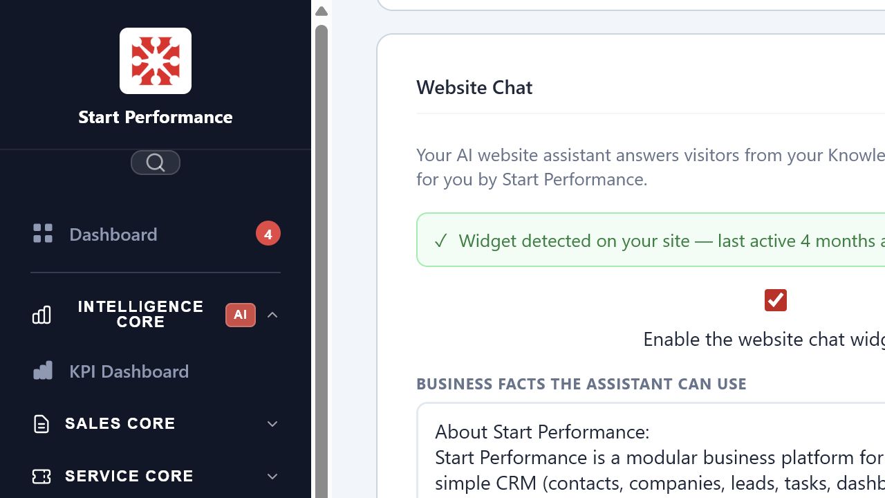 Linkology AI Interface configuration showing the website assistant and approved business knowledge