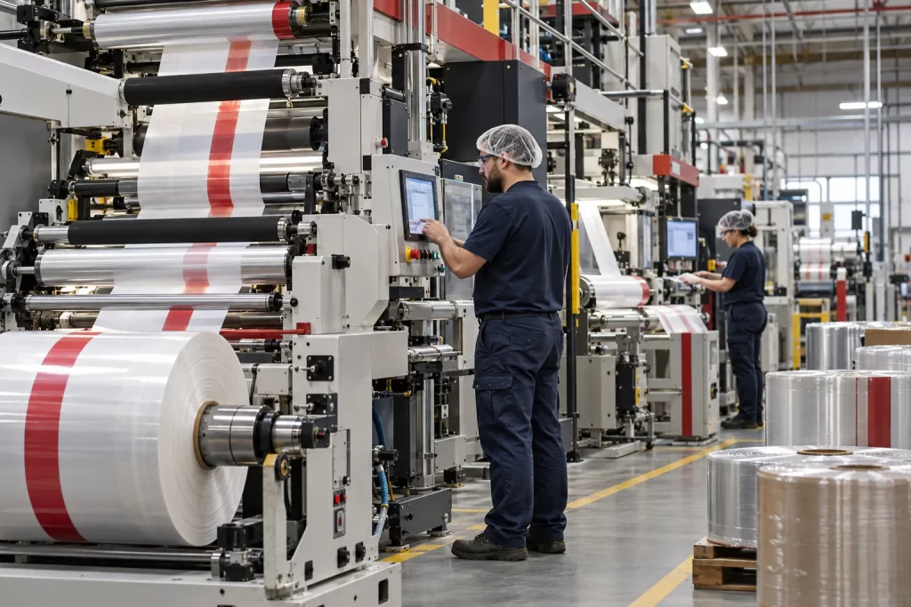 Flexible packaging production line with film rolls and operators monitoring the converting process